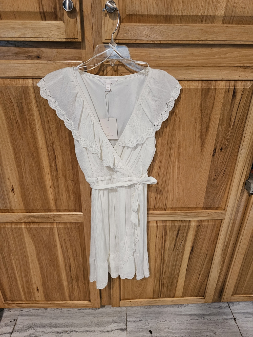 LC Lauren Conrad Cream Eyelet-Trim Wrap Mini Dress